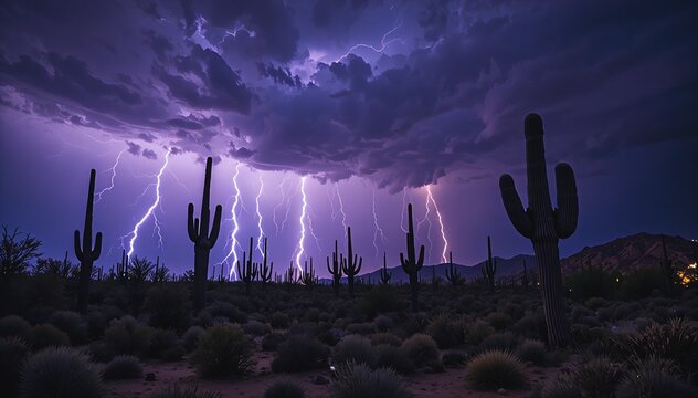 Desert Lightning Storm Night Saguaro Cactus Silhouette Arizona USA Dramatic