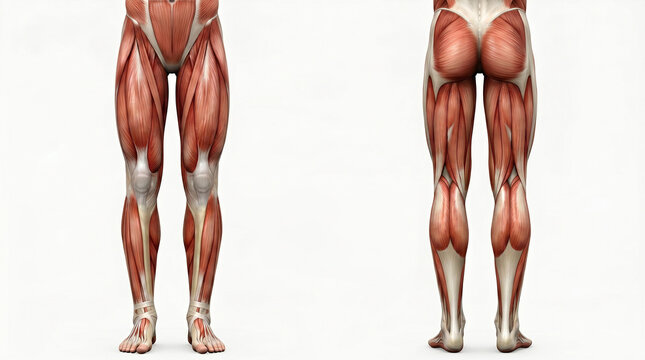 Human Leg Muscle Anatomy Illustration Front and Back View Detailed Musculature of Thigh Calf and Glutes for Medical Education and Fitness Training Visual Aid