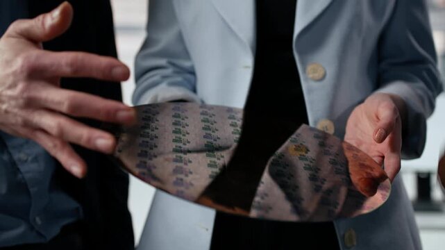 Close up of engineers examining silicon wafer, trialing advanced materials in factory office, coworkers analyzing semiconductor substrate photolithography tech in industrial lab.