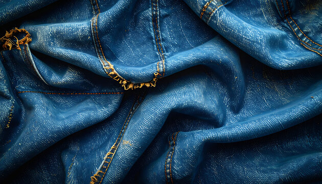 Deep blue denim fabric texture with golden glitter dust, soft folds, textile background