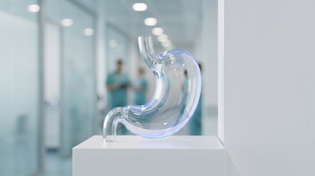 Transparent stomach anatomical model on white pedestal in modern gastroenterology clinic, concept of digestive health, bariatric care and stomach disease diagnosis.