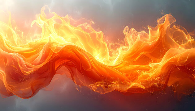 Abstract flowing wave of fire and molten liquid, golden embers and sparks, dynamic energy motion, heat intensity, glowing texture, warm vibrant background
