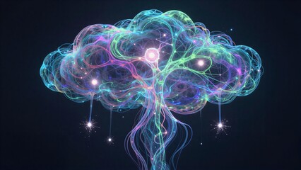 Fototapeta premium A glowing, colorful neural tree with radiant lights against a dark background.