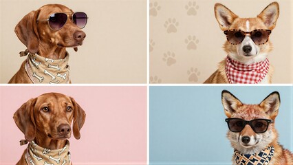 Obraz premium Four stylish pets in sunglasses and scarves, posing with cool confidence.