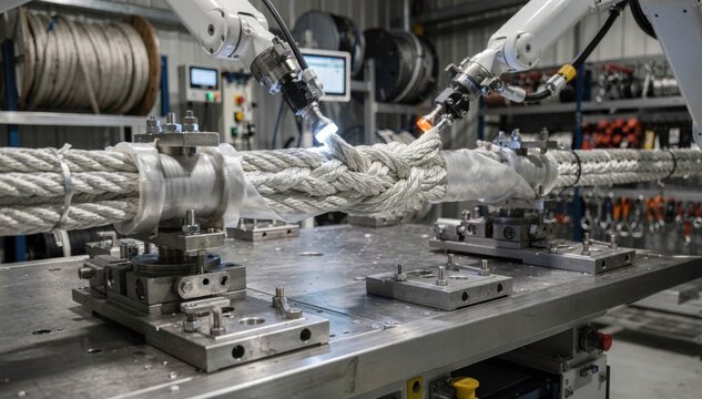 Robotic rope splicing station forming secure lifting sling terminations ensuring maximum strength and reliability for industrial rigging.