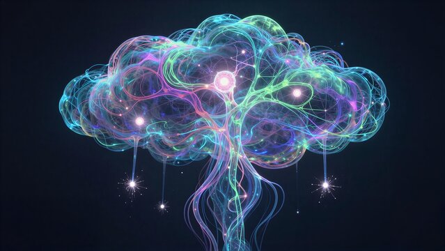 A glowing, colorful neural tree with radiant lights against a dark background.