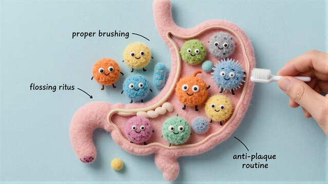 Gum health illustrated with playful microbes and dental care routines.