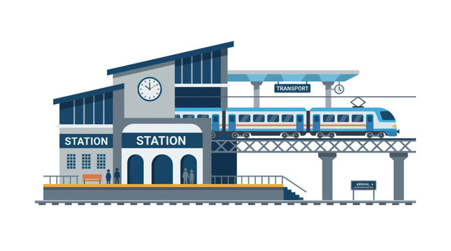 Modern train station with passenger train on elevated tracks, illustration