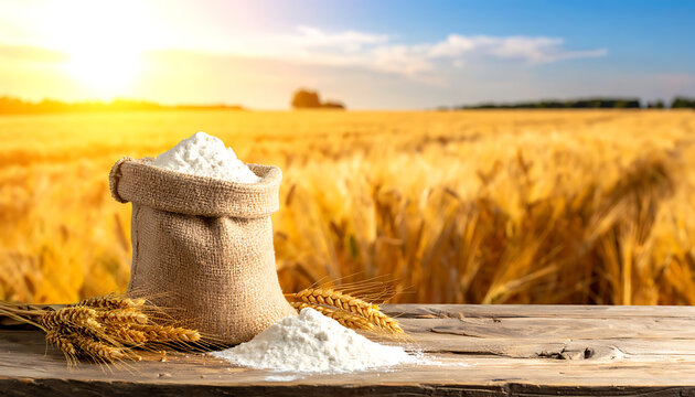 Burlap sack filled with wheat flour and raw grain on rustic wooden table against golden barley field at sunset