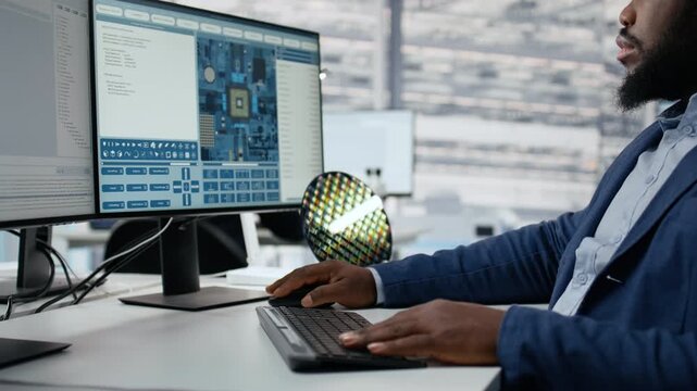 Technician analyzing PCB architecture on PC screen in semiconductor factory office, worker monitoring microchip components fabrication operations on computer in R&D workplace.