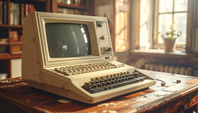 Vintage computer on wooden desk, retro technology, nostalgic office background