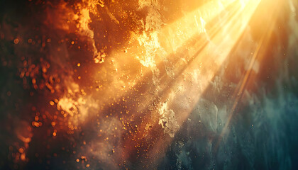Obraz premium Abstract golden light rays beaming through dark smoky atmosphere with floating particles, dramatic atmospheric background for cinematic overlays