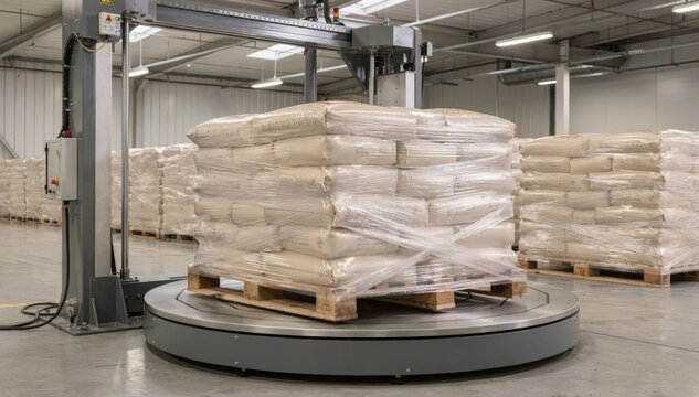 Semiautomatic machine efficiently wraps stacked bags of fertilizer on pallets with plastic film ensuring stability for transportation.
