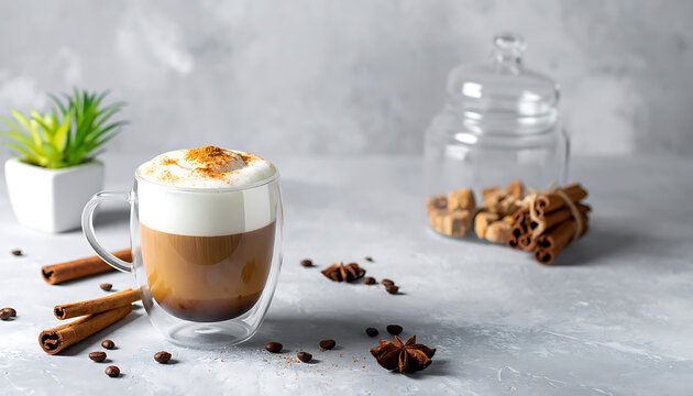 Double wall glass cup with creamy latte coffee, cinnamon sticks and star anise, cozy cafe beverage atmosphere, morning drink