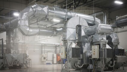 Fototapeta premium Medium shot of complex duct network connecting filtration units directing contaminated air from furnace to advanced cleaning systems for environmental control.