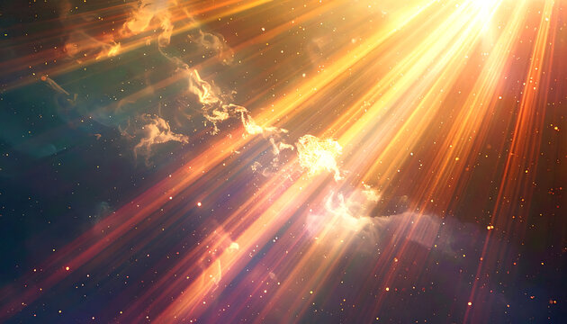 dramatic golden sun rays piercing through dark clouds with floating dust particles, heavenly atmosphere, divine light, ethereal glow, spiritual background