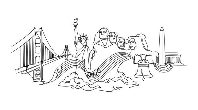 USA Landmarks Montage Line Art: Golden Gate, Statue of Liberty, Mount Rushmore, Liberty Bell, Washington Monument