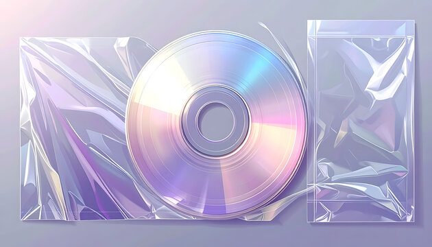 compact disc with holographic wrinkled plastic wrapping, media storage, retro technology, music data, iridescent foil texture