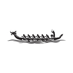 Dragon boat silhouette with rowers on water black on white background © MstLaila