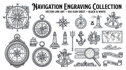 Obraz premium Vintage Navigation Engraving Collection: Compasses, Lighthouses, Anchors, Maps