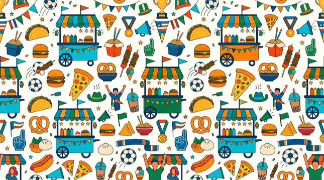 Seamless pattern of colorful food trucks, fast food icons, and sports fan elements on white background. AI Generated.