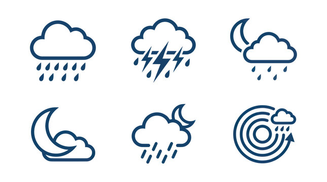 Weather Icons Set: Rain, Thunderstorm, Night, Moon, Forecast, Symbols