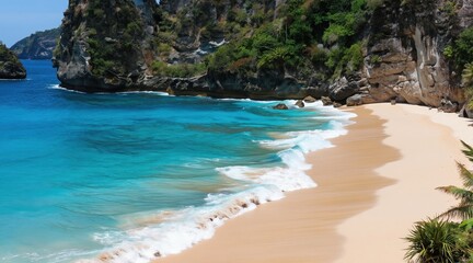 Fototapeta premium Turquoise sea water washes sandy beach with palm trees. Steep cliffs covered in green plants rise above the coast. Waves create white foam on the shore.