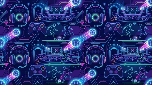 Seamless neon eSports soccer pattern with glowing controllers, headsets, and players in futuristic digital stadium. AI Generated.