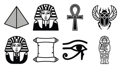 Fototapeta premium Adobe illustrator artwork,Ancient Egypt icon set with pyramid pharaoh ankh scarab eye of Horus and papyrus scroll isolated on white background, Egyptian culture symbol vector illustration