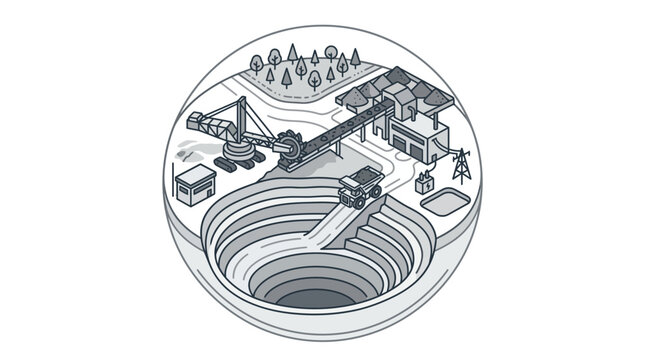 Isometric open pit mine operation with industrial machinery illustration.
