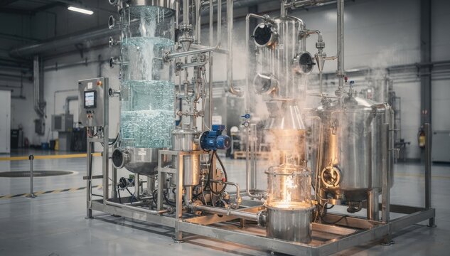 Medium shot of a batch still solvent recovery skid operating highlighting the distillation process as solvents are carefully recycled for renewed production efficiency.