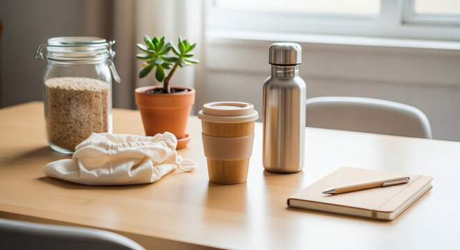 A mindful display of eco-friendly essentials for a sustainable home, featuring reusable water bottles, coffee cups, and natural items for a zero-waste lifestyle