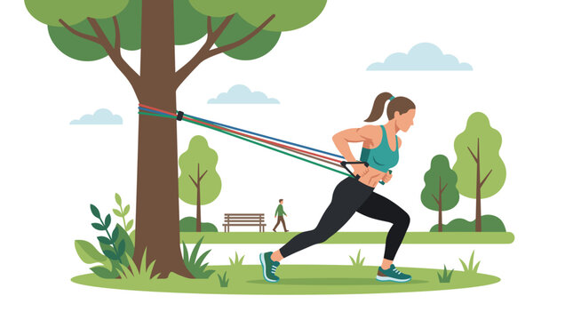 Flat Woman performs resistance band exercise anchored to tree in park for fitness and strength training Vector