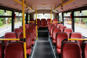Naklejka premium Interior of empty bus shows rows of red seats and yellow poles. Public transport vehicle with nobody inside moves on city street. Travel concept.