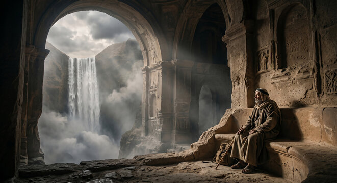 Old monk sitting inside ancient stone ruins looking out at a majestic waterfall under dramatic sunbeams