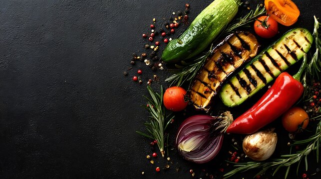 Fresh grilled vegetables and herbs on dark textured background