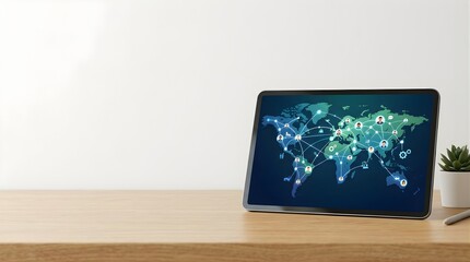 Fototapeta premium Global network communication on a tablet screen on a wooden desk