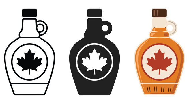 various simple classic canadian maple syrup glass bottle with small ring handle icon symbol vector set, assortment of vintage style syrup containers, transparent background beverage packaging symbols