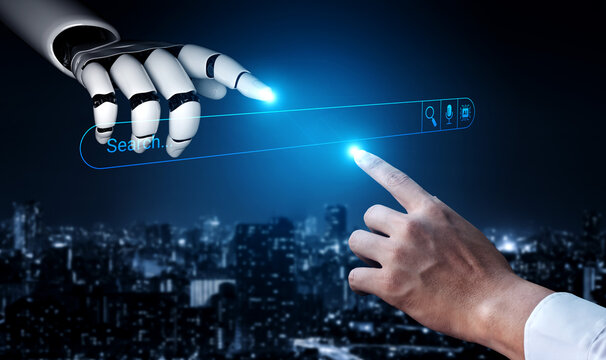 Futuristic interaction between human finger and robotic hand with digital search bar set against a city skyline night scene highlighting AI and technology Cyphers