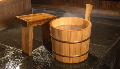 Naklejka premium Relaxing in a Japanese Hotspring with Wooden Bucket and Stool