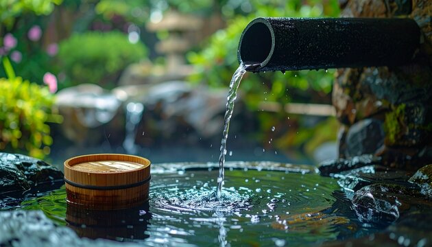 Traditional Japanese hot spring water flowing from bamboo spout into stone basin surrounded by lush green garden and moss-covered rocks in serene o...