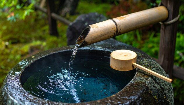 Traditional Japanese bamboo ladle pouring mineral-rich hot spring water into a stone basin in an outdoor onsen setting surrounded by lush greenery...