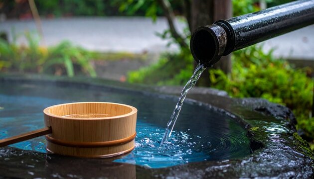 Traditional Japanese hot spring water flowing from bamboo spout into wooden ladle at serene onsen retreat with lush greenery and tranquil natural s...