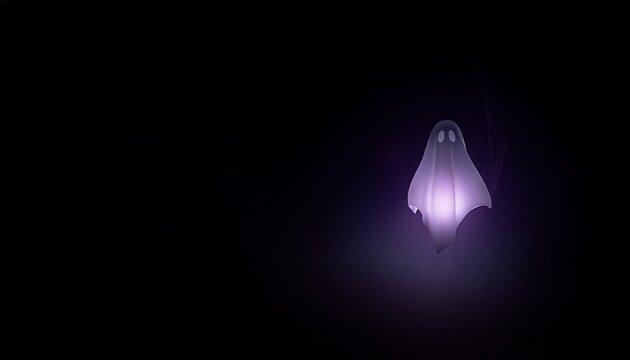 Spooky Halloween template featuring a glowing transparent purple sheet ghost floating on the right side over a solid black background with copy space