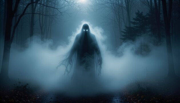 Spooky Halloween background with a dark shadowy phantom figure, glowing white eyes, and heavy mist swirling in a scary night forest