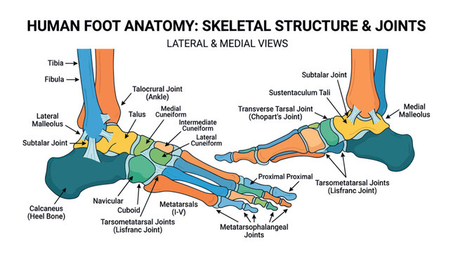Human Foot Anatomy Skeletal Structure and Joints - Lateral and Medial Views