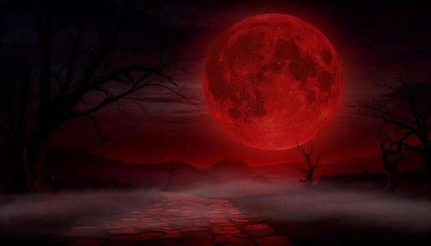 Horror Halloween background with a stone path through a foggy field under a massive full blood moon and dead trees silhouettes