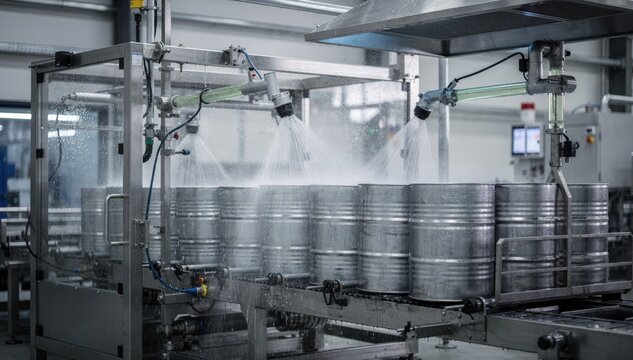 Midrange view of chemical drums undergoing a rinse cycle in an automated washing line emphasizing the advanced machinery and ecofriendly neutralizing techniques.