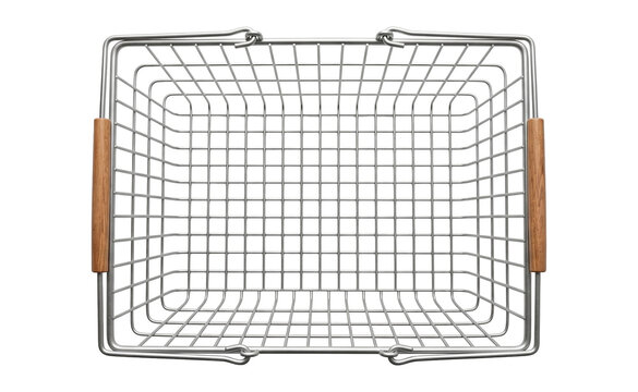 Top view of silver metal wire shopping basket, isolated on transparent background