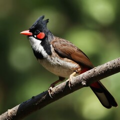 Obraz premium Red whiskered bulbul bird sits on a tree branch. This small asian wild bird has black head red cheek patch white throat and brown wings. It is looking to the side.